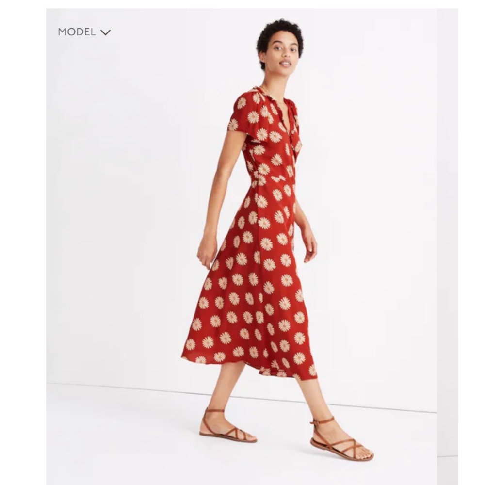 Madewell XS Ruffle Edge Daisy Daydream Red Floral Printed Wrap Midi Dress